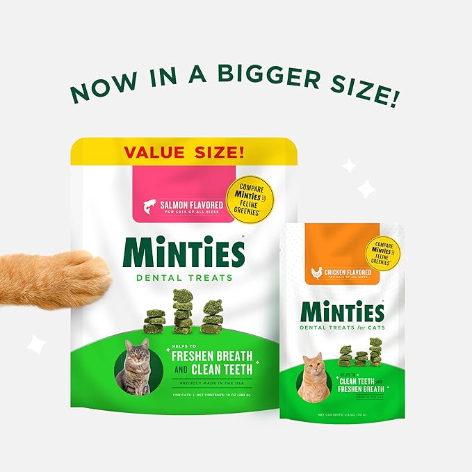 Minties Dental Treats for Cats, Chicken Flavored Treats for Cats, Freshens Breath and Controls Tartar, 2.5oz (Pack of 2)