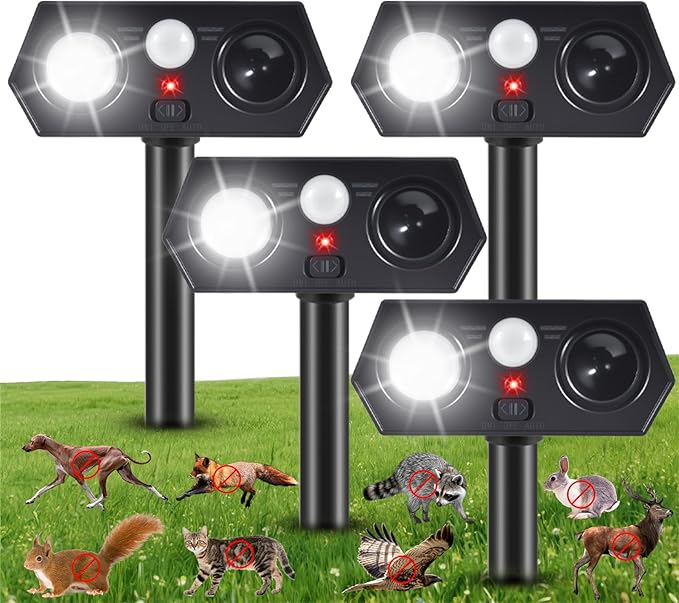 2026 New Racoon Squirrel Sonic Fortress Pro Cat Repellent Outdoor, Solar Ultrasonic Animal Repeller Deer Deterrent with Motion Sensor&Light to Scare Rabbit Skunk Dog Out of Garden Farm Yard(4Pack)