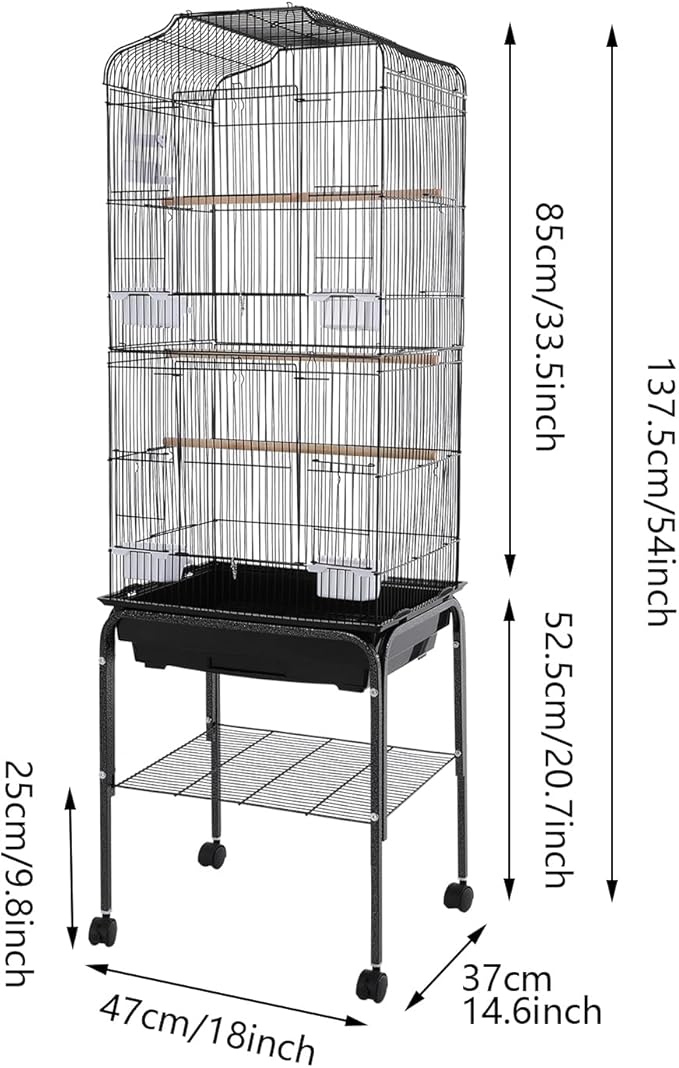 Large Bird Cage with Stand & Wheels, Freestanding Parakeet Birdcage with Feeding Bowls & Waterer, 54 Inch Bird Flight Cages for Parrot Canaries Cockatiels Budgie Parrotlet (Black)