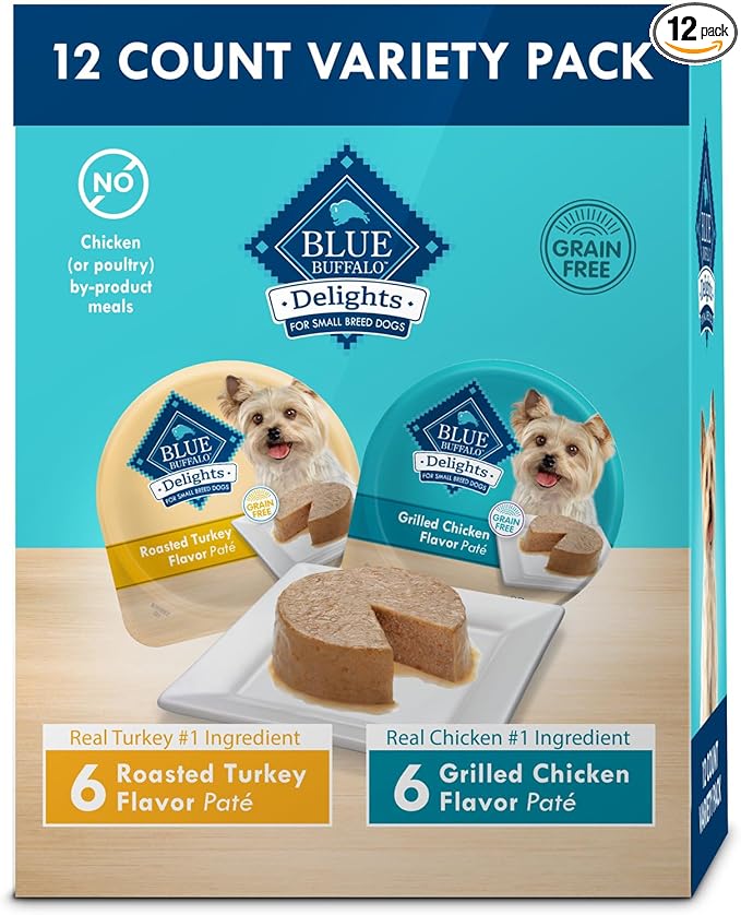 Blue Buffalo Delights Small Breed Natural Wet Dog Food Variety Pack, Roasted Turkey Paté and Grilled Chicken Paté, 3.5-oz Cups, 12 Count