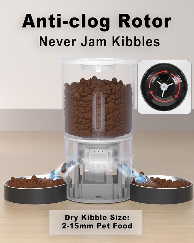 Automatic Cat Feeder for 2 Cats, 4.2L Dual Food Dispenser, Up to 6 Meals/Day, Portion Control, Voice Message, Dual Power Options (Transparent+Black, Dual Stainless Steel Bowls)