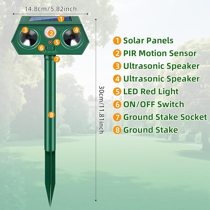 2026 New Racoon Squirrel Sonic Fortress Pro Cat Repellent Outdoor, Solar Ultrasonic Animal Repeller Deer Deterrent with Motion Sensor to Scare Rabbit Skunk Dog Coyote Out of Garden Farm Yard(4Pack)