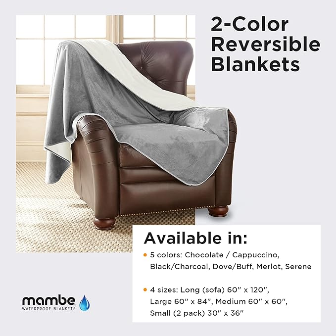 Mambe Silky Waterproof Throw for Protecting Furniture Bed Couch from Stains Caused by Dogs, Cats, Incontinence. Soft, Washable, Reversible. (Size Small 2-Pack 30x35 inches, Color Buff/Dove)
