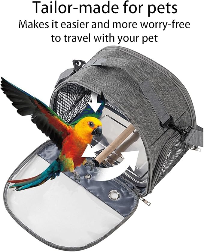 Portable Bird Cage Bird Carriers Foldable Panoramic View with Perch Removable Tray for Parrot Hamster Hedgehog Rabbit Sugar Glider (Grey)