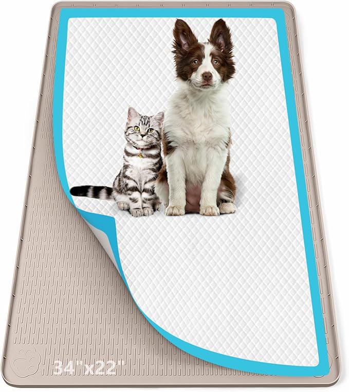 Pee Pad Holder for Dogs, 34" x 22" Silicone Pee Tray Mat Leak-Proof, High Edge, No Spill Pet Pad Holder for Puppy, Cat, Rabbit, Training Pads for Floor Protection, No Pee Pads (Khaki)