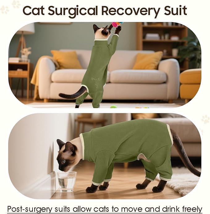 DENTRUN Cat Clothes for Hair Control with Hair Sticky Fabric - Soft Recovery Suit & Breathable Lint-Resistant Cat Sweater for Cats Only, Kitten Onesie Pajamas, XS, Army Green