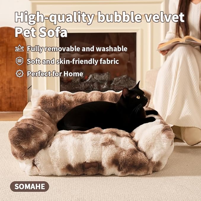 Cat Bed for Indoor Cats Dog Couch Cat Couch Bed Washable Dog Beds for Small Dogs & Cats with Removable Cover, Fluffy Pets Couch with Non-Slip Bottom 24"X18"X10"Beige