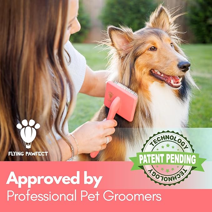 Pet Slicker Brush With Soft Massage Grooming Stainless Steel Pins - For Dematting, Shedding Fur, and Undercoat - Ideal Gift for Professional Pet Groomers - Long Slicker Brush (Coral, Curved Large)