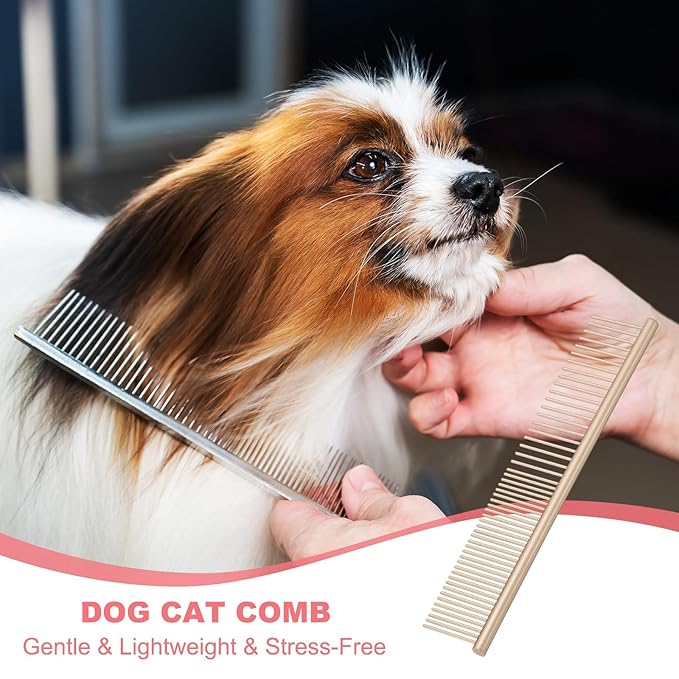 Dog Cat Comb, Pet Combs Stainless Steel Teeth with Rounded Ends for Knots Mats Loose Hair Removal, 6.5IN (Gold Coated, 3 Pack), Grooming Tool Intended for Long Curly Hair Pet