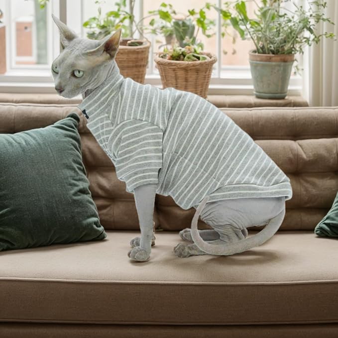 Sphynx Cat Sweater Hairless Cat Clothes Sweater Shirt Soft Warm Long Sleeves Pullover Pet Clothes Pajamas Dog Cloth for Small Dogs Jumpsuit Pet Sweaters (Striped, Medium)