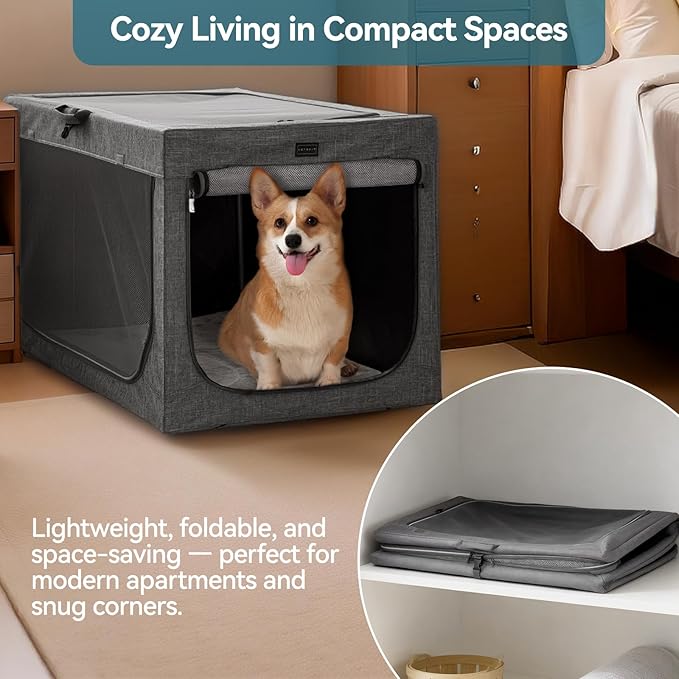 PETSFIT Portable Dog Crate for Small Dogs, – 24" Soft Dog Travel Crates with Lockable Zippers & Thicken Mat, Adjustable Patented Spiral Steel Frame, Collapsible Kennel for Indoor & Outdoor