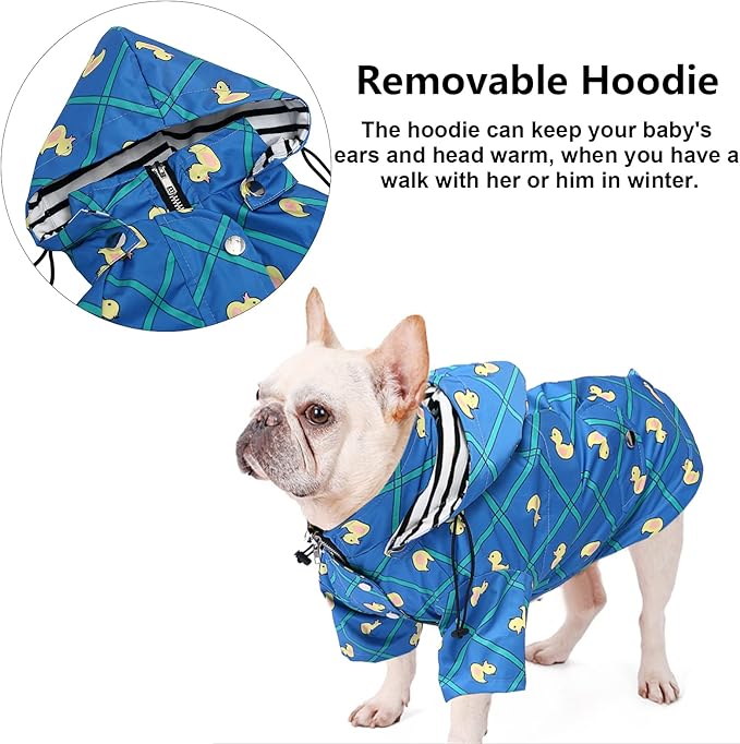 Morezi Dog Zip Up Raincoat with Reflective Buttons, Rain/Water Resistant, Adjustable Drawstring, Removable Hood, Raincoats with Legs 8lbs to 80lbs Available - Grid Blue - S