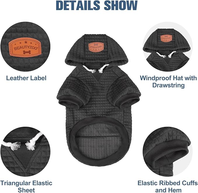 BEAUTYZOO Small Dog Hoodie Sweater with Pockets, Dog Clothes for Small Medium Dogs Boy Girl, Waffle-Like Laminated Cotton Pet Coats with Hat and Leash Hole, Black ML