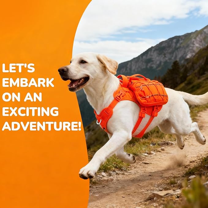 Small Dog Harness Backpack, No Pull Adjustable Dog Vest with Handle & Leash Ring, Lightweight Dog Backpack with Side Pockets for Walking, Training & Day Hikes, Orange, S