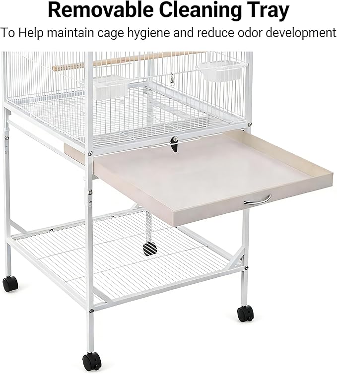 White Bird Cage with Stand Rolling Wheels 18x18x54 Inch for Medium Small Birds, Open Top Metal Cockatiel Parrot Cage with Removable Tray Storage Shelf for Parakeets Lovebirds Finches