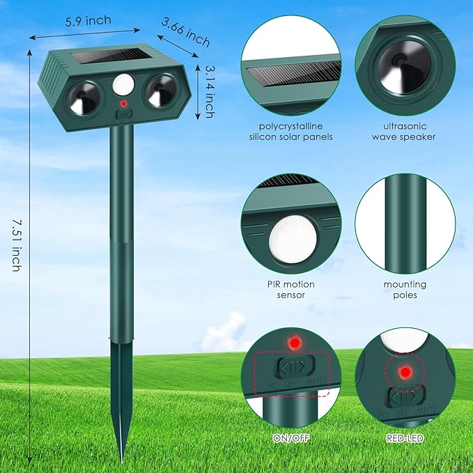 Solar Ultrasonic Racoon Cat Repellent Outdoor Deer Repellent Devices Sonic Fortress Pro Animal Rabbit Repeller Squirrel Deterrent with Motion Sensor to Keep Dog Fox Skunk Out of Garden Yard(4Pack)