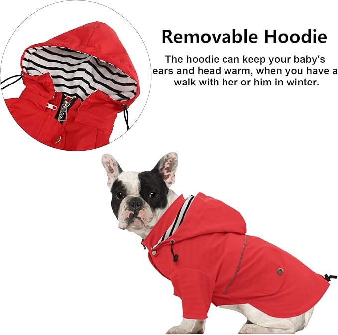 Dog Zip Up Raincoat with Reflective, Rain/Water Resistant, Adjustable Drawstring, Removable Hood, Raincoats with Legs 8lbs to 80lbs Available - Red - Small