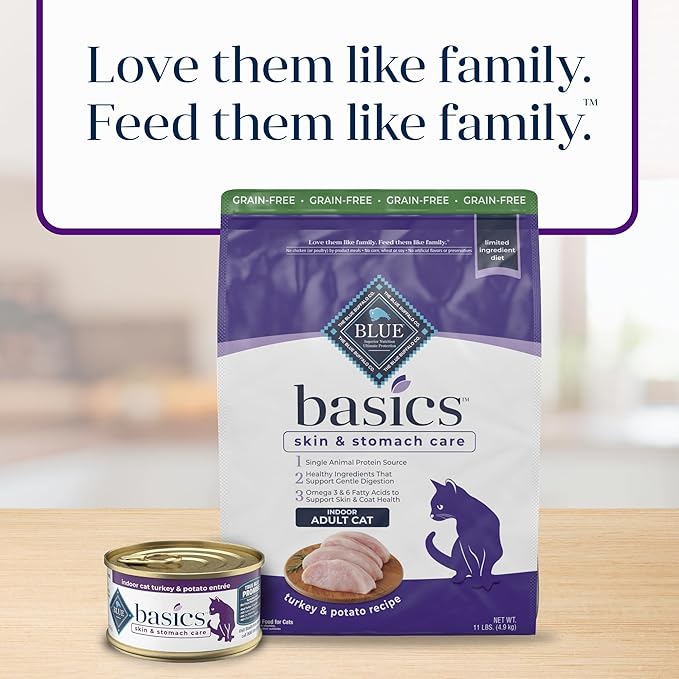 Blue Buffalo Basics Grain-Free Dry Cat Food, Skin & Stomach Care, Limited Ingredient Diet for Indoor Cats, Turkey & Potato Recipe, 11-lb. Bag