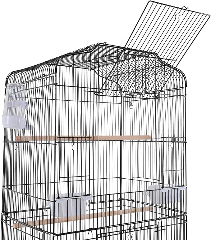 Large Rolling Bird Cage with Stand & Storage Shelf, 4-Tier Stackable Parrot Aviary for Cockatiels, Parakeets & Finches, Metal Birdcage with Slide-Out Tray, Feeding Bowls & Wheels (Black)