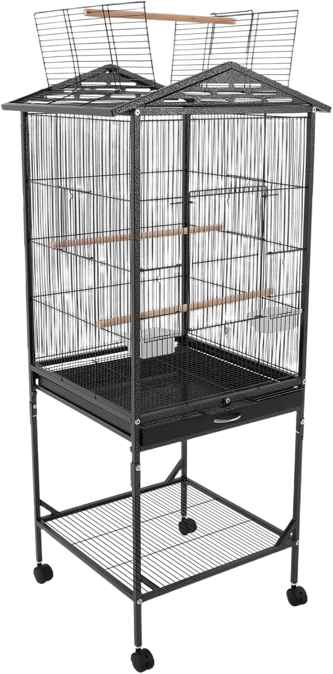 Large Modern Bird Cage 46" for Parrots,Iron Birdcage with Rolling Lockable Wheels & Storage Shelf,Open Top Design & Feeding Doors for Cockatiels Parakeets (Black)