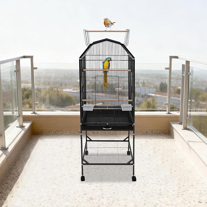 Large 46" Rolling Bird Cage for Mid-Sized Parrots with Detachable Stand, 4 Universal Wheels & Removable Tray, Iron Birdcage for Cockatiels, Parakeets, Finches (Black)
