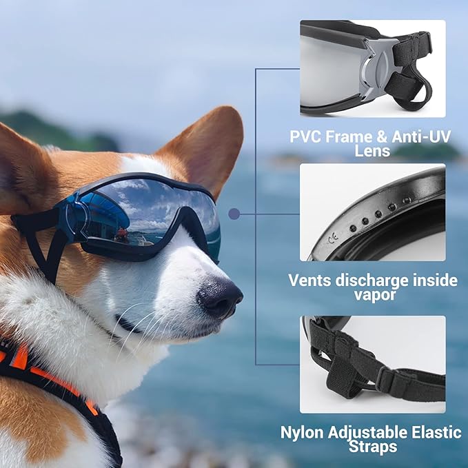 Namsan Dog Goggles Large Breed, UV-Protection Doggie Sunglasses for Medium to Large Dogs, Outdoor Dog Eye Protection, Anti-Fog Anti-Dust Windproof Snowproof, Adjustable Straps, Black