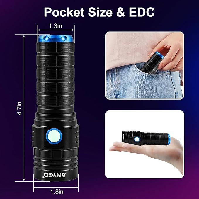 365nm Black Light Flashlight with Black Filter, High Power Rechargeable UV Flashlight, Ultraviolet Bright UV Led Torch for Pet Urine & Bed Bug Detector, Scorpions, Dry Stains, Rock Hunting