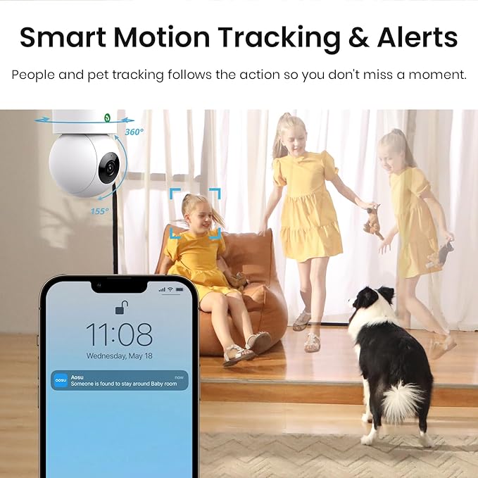 aosu 4MP Security Camera Indoor, 2.5K Baby Monitor Pet Camera 360° for Home Security, WiFi Camera with 5/2.4 GHz Wi-Fi, One-Touch Call, Smart Motion Tracking, IR Night Vision, Compatible with Alexa