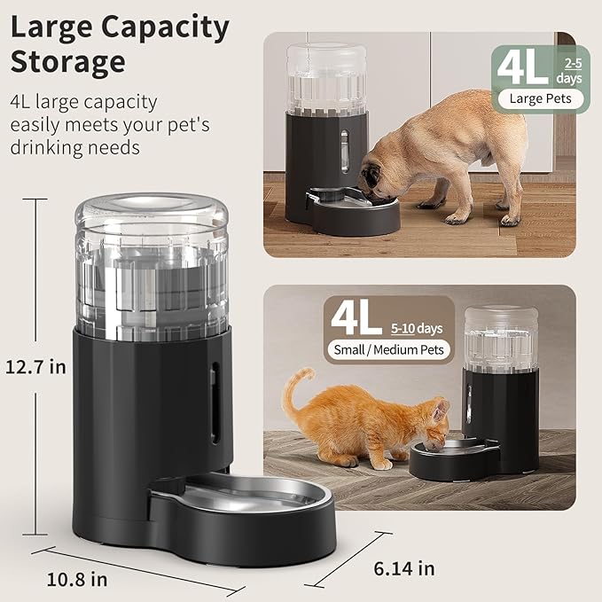 Cat Water Dispenser with Filter and Stainless Steel Bowl, Automatic Gravity Water Dispenser for Cats or Small Medium Size Dogs, Large Capacity, Easy to Clean and Safe for Pets (4L Black)