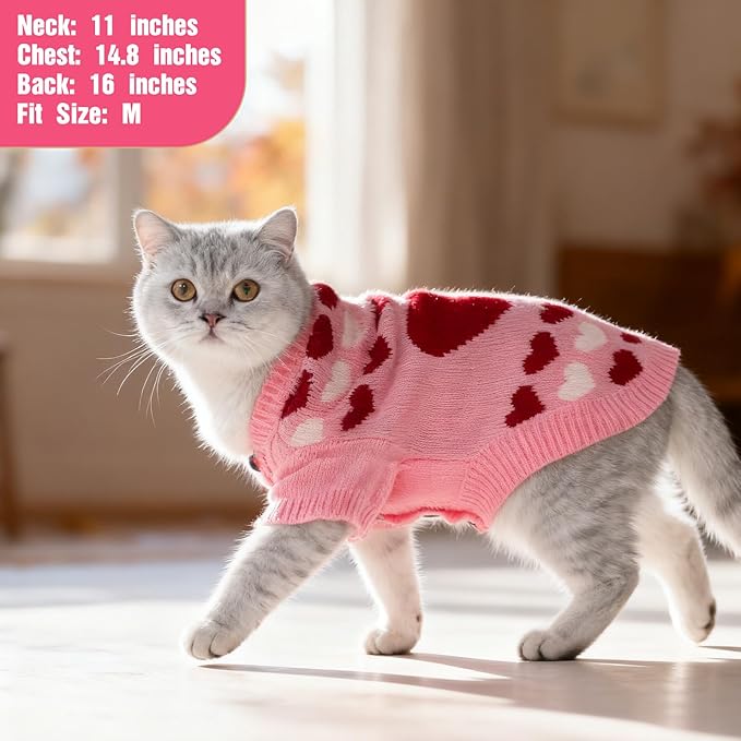 EXPAWLORER Cat Valentines Outfit Sweater Cardigan - Valentine's Day Knit Cat Clothes, Soft Puppy Sweater with Sleeve, Cute Warm Pet Clothing Knitwear, Kitten Coat for Girl Boy Cats, Love Heart M