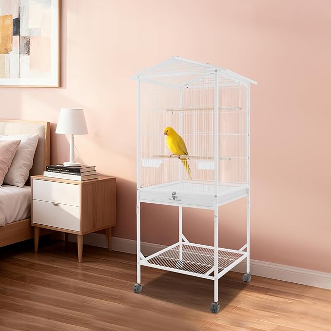 Large Heavy Duty Wrought Iron Bird Cage with Open Play Top Area & Rolling Stand, Spacious Flight Cage for Parrots, Parakeets, Cockatiels & Lovebirds (White)