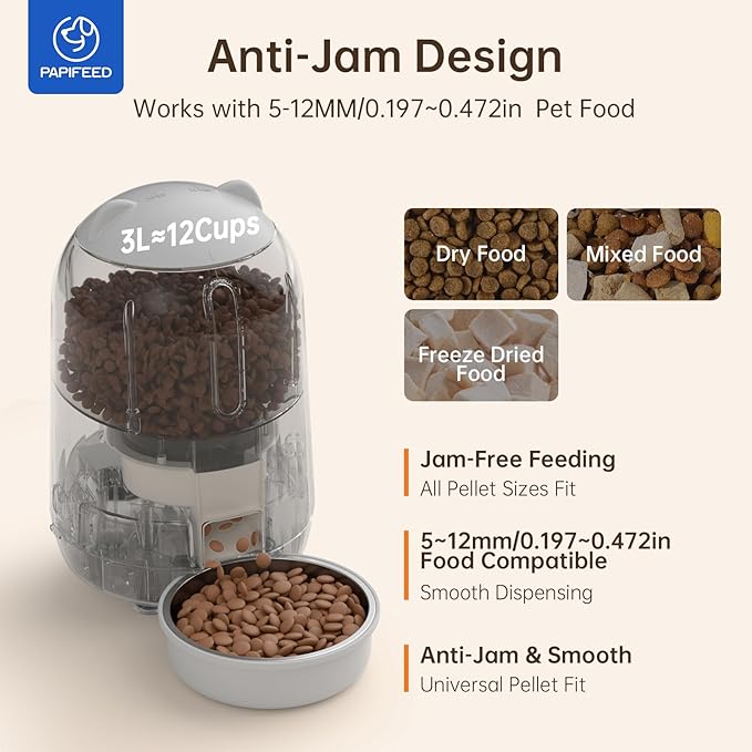 PAPIFEED Automatic Cat Feeder with App Control, 2.4G WiFi Auto Cat Food Dispenser, 3L Cat Feeder Automatic with Dual Power Supply, Easy-Clean Design for Cats & Small Dogs (Grey)