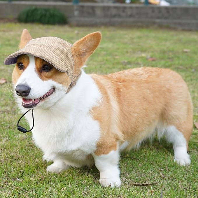 Dog Baseball Cap, Dog Cat Summer Beach Visor Hat with Ear Holes, Adjustable Puppy Sunbonnet Headdress (Khaki, X-Small)