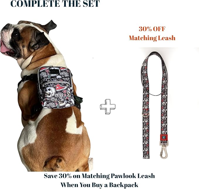 Pawlook Dog Backpack Harness – Street Smart | Waterproof, Adjustable, Breathable – Leash Attachment D-Rings, Poop Bag Pocket – Small & Medium Dogs – 8 Styles Skull Small