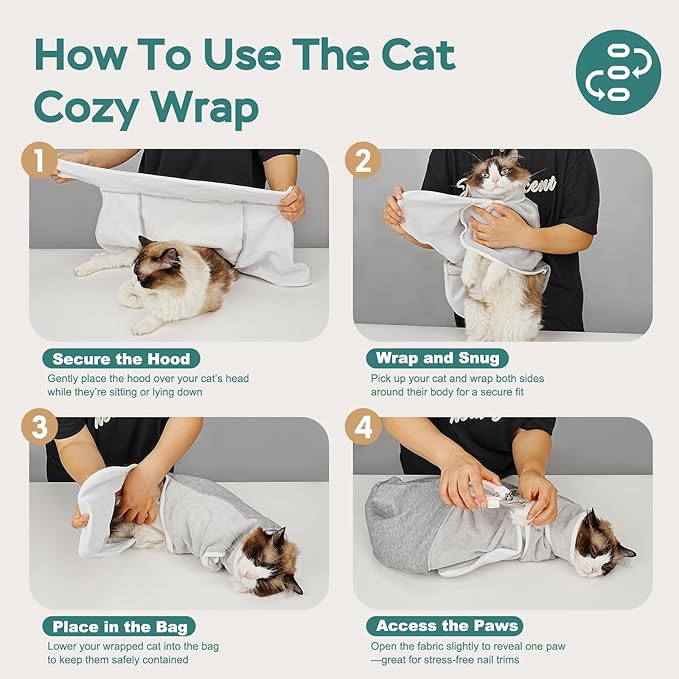 Self-Adhesive Cat Grooming Wrap, Cozy Cat Wrap for Cutting Nails, Breathable Anti-Scratch Cats Swaddle Bag for Brushing, Ear Cleaning, Dental Care, Medication, Injections, Grey S