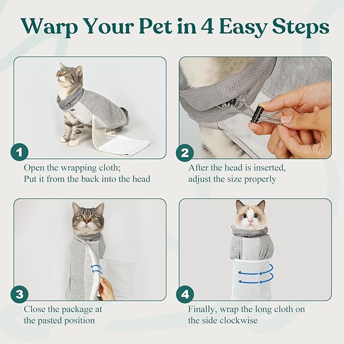 Supet Cat Grooming Wrap for Cutting Nails, Self-Adhesive Anti-Scratch Swaddle with Bite-Proof Mesh Hood & Thick Waist Strap Anti-Escape Bag for Nail Trimming, Medication, Ear Cleaning (Grey L)