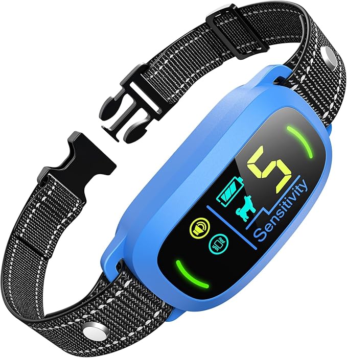 Bark Collar, Rechargeable Dog Bark Collar with 5 Adjustable Sensitivity and Intensity Beep Vibration, Anti Barking Collar for Small Medium Large Breed Dogs (Blue)