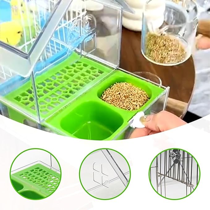 Pull-Out External Parrot Feeder, No Mess Hanging Bird Feeder for Cage, Multi-Function Transparent Bird Seed Platform Parrot Bath Tub Pet Feeding & Watering Supplies Easy to Clean (Green)