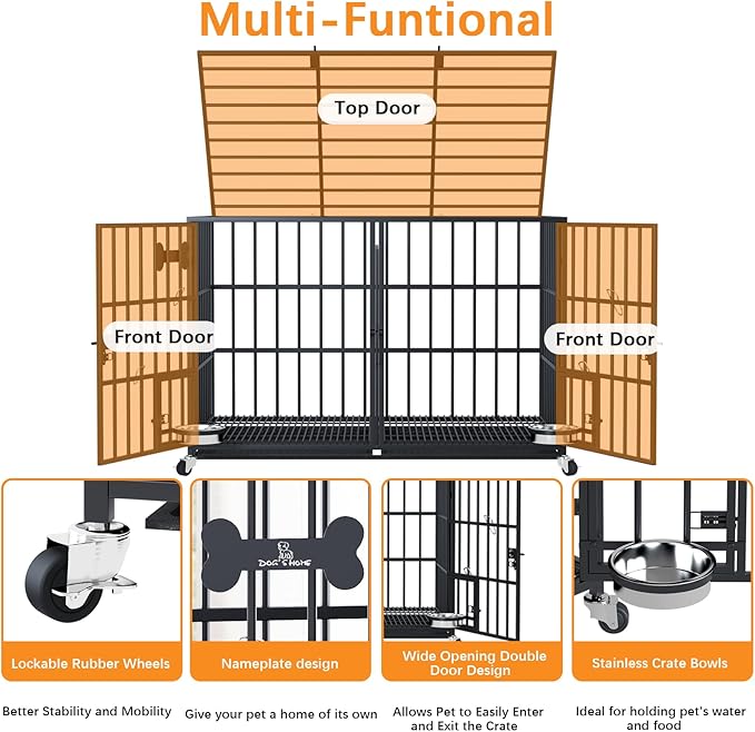 Dosker 42 inch Stackable Heavy Duty Metal Dog Crate for 4 Dogs/Large Dog,All Metal Open Top Access,Escape Proof Cage,Dog Kennel Indoor with Wheels,Floor Grid, Tray, Divider and Feeding Bowl