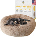 Calming Round Donut Dog Bed Pillow, Washable, Anti Anxiety, Anti-Slip, Cozy Soft Cuddler Comfort Bed with Fluffy Plush Faux Fur for Large Medium Small Sized Dog - Beige, S 28 inch