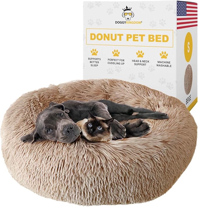 Calming Round Donut Dog Bed Pillow, Washable, Anti Anxiety, Anti-Slip, Cozy Soft Cuddler Comfort Bed with Fluffy Plush Faux Fur for Large Medium Small Sized Dog - Beige, S 28 inch