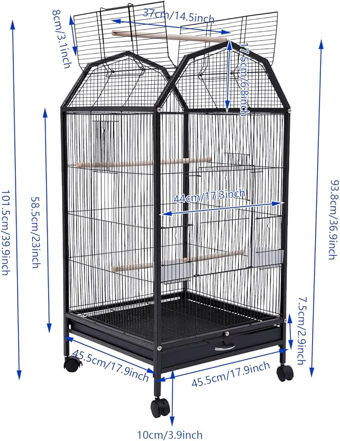 Parakeet Bird Cage with Stand, 39.9-Inch Large Bird Cages with 4 Universal Wheels and 2 Feeding Cups, Finch Bird Pet Bird Flight Cages, 360° Full Hollow Bird Cage for Cockatiel Conure Macaw Budgie
