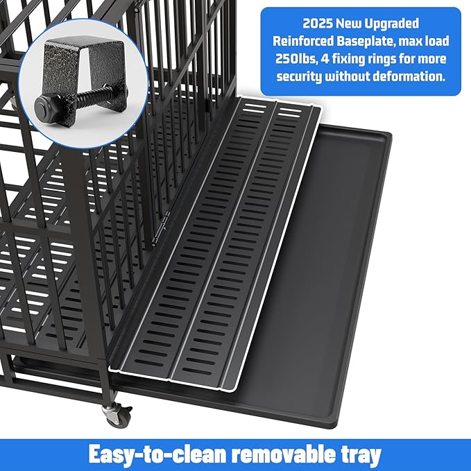 42 Inch Heavy Duty Indestructible Dog Crate, XL Steel Escape-Proof Kennel for Large Dogs, Double Door Design with 4 Locking Wheels & Reinforced Baseplate, Ideal for High-Anxiety Dogs