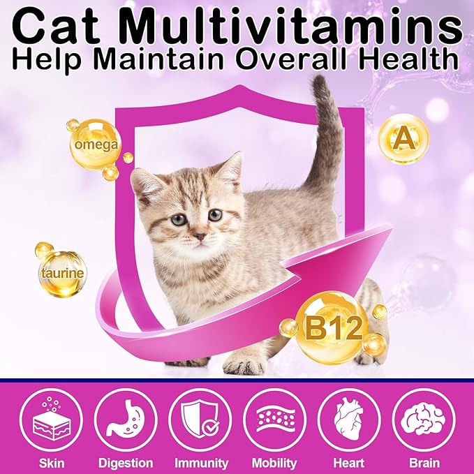 Cat Vitamins Treats, 15 in 1 Cat Multivitamin Chews Vitamins with Taurine, Omega Fatty Acids, Prebiotics for Health, Bones, Joint, Skin & Coat, Digestion, Immune Support(30 Day Supply)-2PCS