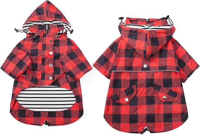 Dog rain Coat Waterproof Raincoat Puppy Jacket with Legs Buttons Zipper Hood Drawstring Fit for Yorkie Terrier Schnauzer Poodle Border Collie Labrador Golden Retriever 8lbs to 80lbs Red M