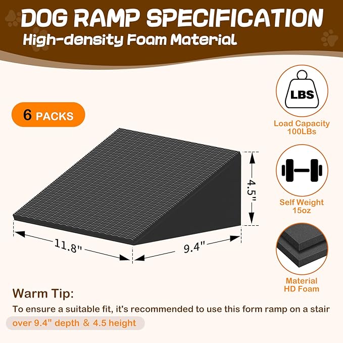 Dog Wedge Ramp for Stairs/Staircases, Portable & Lightweight Pet Ramp with Non-Slip Surface for Small Size Dogs Cats, Low Angled Dog Ramp for Elderly & Injured Pets (100LBS Capacity, 6Packs)
