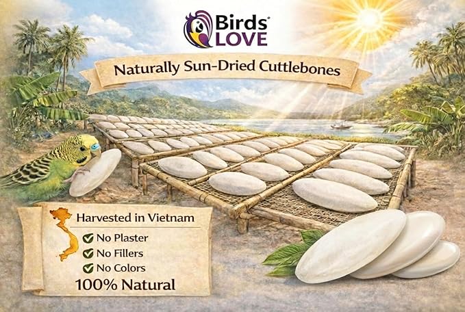 Birds LOVE 3.5-4″ Cuttlebones for Birds – 100% Natural Sun-Dried Calcium Carbonate Mineral Supplement – for Parakeets, Budgies, Cockatiels, Finches & Canaries – 4 lb with Holder – Made in Vietnam