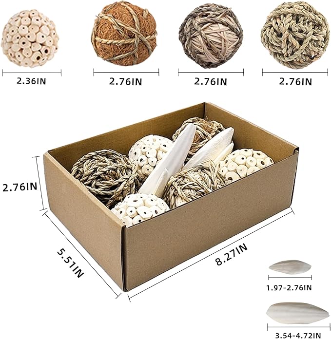 Bird Toys Sola Balls Parakeet Toys Soft Natural Chew Grass Balls with Cuttlebone for Parrots Conures Rabbits Hamster Guinea Pig Chinchilla (Style 1, 10 PCS)