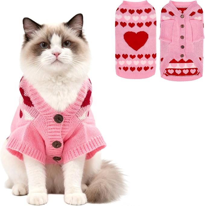 EXPAWLORER Cat Valentines Outfit Sweater Cardigan - Valentine's Day Knit Cat Clothes, Soft Puppy Sweater with Sleeve, Cute Warm Pet Clothing Knitwear, Kitten Coat for Girl Boy Cats, Love Heart S