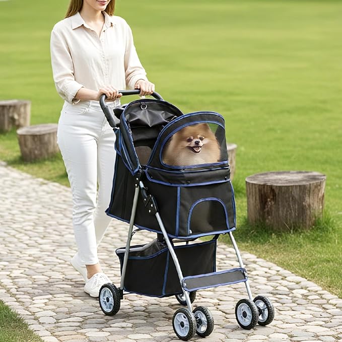 DUMOS 4 Wheels Pet Stroller for Small Dogs and Cats – Foldable Dog Stroller with Mesh Windows, Storage Basket & Cup Holder, Lightweight & Durable Pet Carrier for Travel, Outdoor Use – Black
